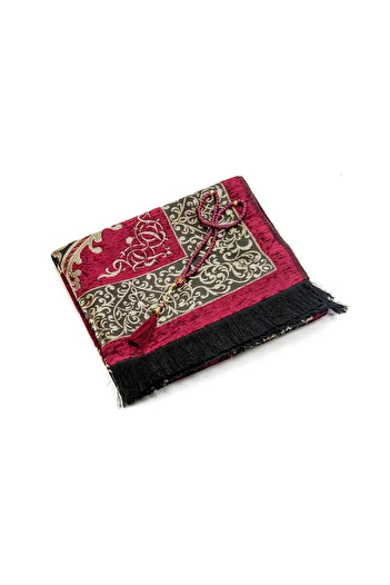 İhvan Red Luxury Ottoman Chenille Prayer Rug Rosary - Gifted