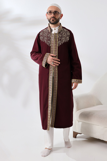 ihvan online Burgundy Prevailing Collar Men's Prayer Dress Stripe Embroidery Embroidered İmam Cube