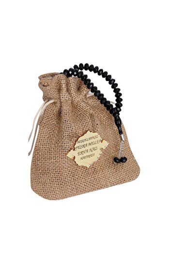 İhvan Gift Prayer Beads - Name Printed - Jute Fabric Pouch - 99 Pieces - Mevlid Gift