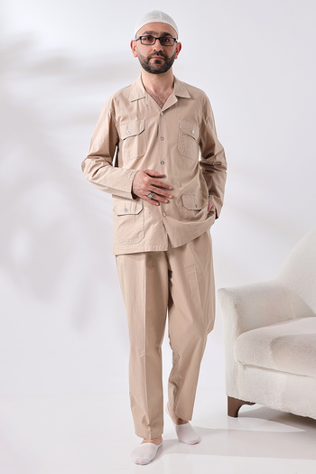 ihvanonline Men's Linen Safari Set - 4 Pockets, Beige Hajj Umrah Outfit