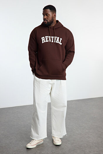 Trendyol Collection Unisex Large Size Oversize Fleece Cotton Sweatshirt - Brown, Printed Tmnaw24ao00021