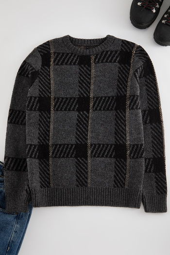 Trendyol Collection Plaid Patterned Anthracite Knitwear Sweater - Crew Neck Tmnaw25kz00045