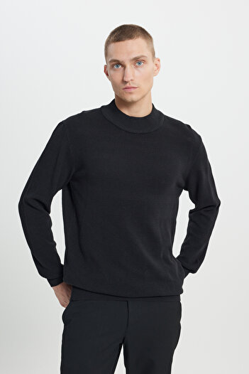 AC&Co / Altınyıldız Classics Black Jacquard Knitwear Sweater - Men's, Half Turtleneck, Cotton