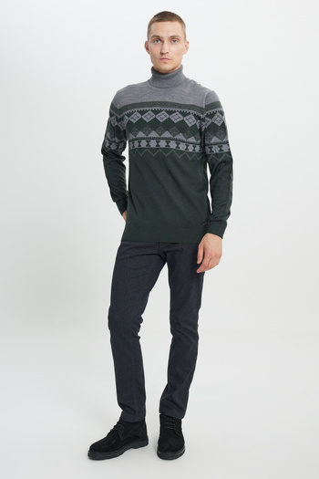 ALTINYILDIZ CLASSICS Men's Green-Gray Woolen Standard Fit Regular Fit Full Turtleneck Print Knitwear Sweater
