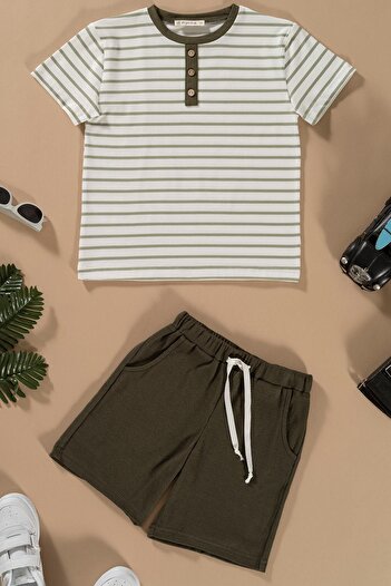 for you kids Green Striped T-shirt and Shorts Set - Buttoned