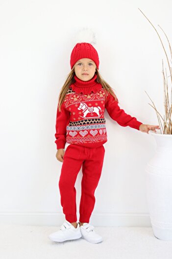 Sevimli Knitwear Sweater and Sweatpants Set for Girls - Set of 4 with Beret and Neck Collar
