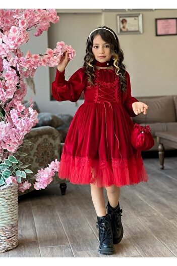 Kids Kız Çocuk Kadife Elbise Taç Çanta Kolye