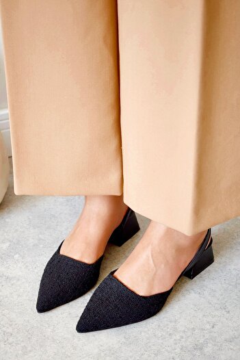 POLKA STORE Blush Black Tweed Pointed Toe Short Block Heeled Women's Shoes