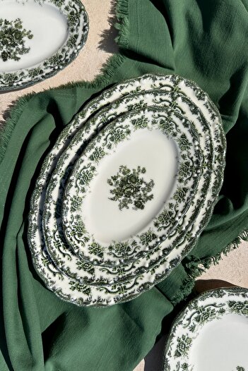 porselenden Antique Green 2li 20 Cm Premium Porselen Küçük Boy Kahvaltılık Kayık Sunum Servis Seti