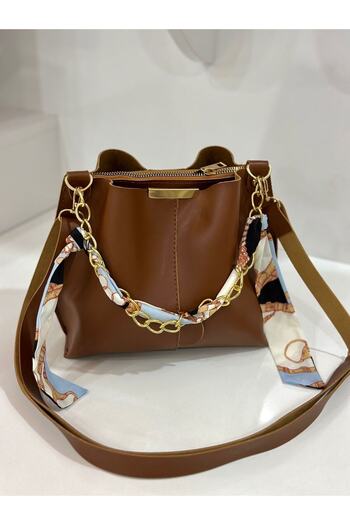 ESTUTE Soft Leather Women's Bag - With Scarf, Chain Accessory, 3 Compartments, For Hand, Arm and Shoulder