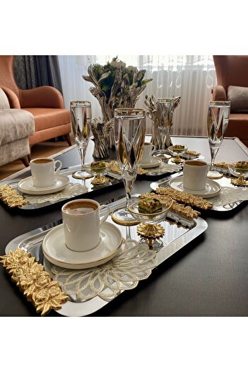 atabey home collection 6'lı Kahve & Çay & Sunum Dikdörtgen Büyük Sunum Tepsisi Çelik Gül Model Gold 30 CM3
