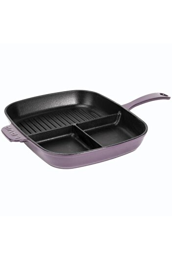 Lava Cast Rectangular 3 Compartment Grill Pan Cast Iron Solid Handle Size: 26x30 Cm