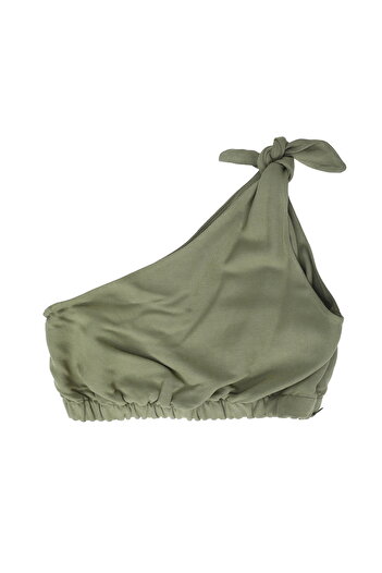 Quzu Khaki Single Shoulder Crop Linen Blouse