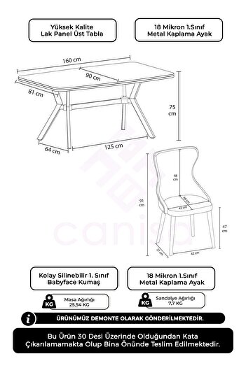 Canisa Esla Serisi 90x160 Lak Panel Antrasit İroni Krom Kaplama Ayaklı Masa Takımı ve 6 Gri Sandalye