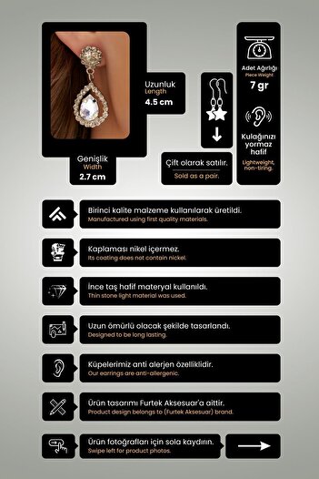 Furtek Aksesuar Women's Radiante Transparent Model Zircon Stone Silver Evening Dress Dangle Wedding Engagement Party Prom Daily Earrings