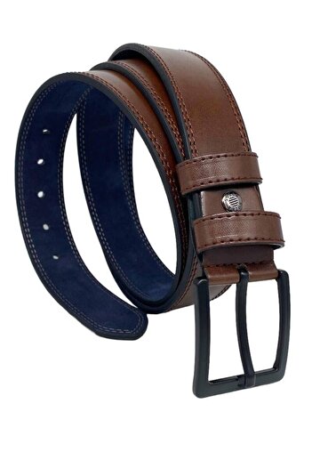 Süzer Deri 4 cm.Battal Brown Faux Leather Stitched Classic Belt