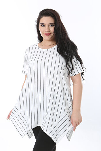 Şans Plus Size Striped Blouse - Bone Asymmetric Cut, Short Sleeve 65n38221