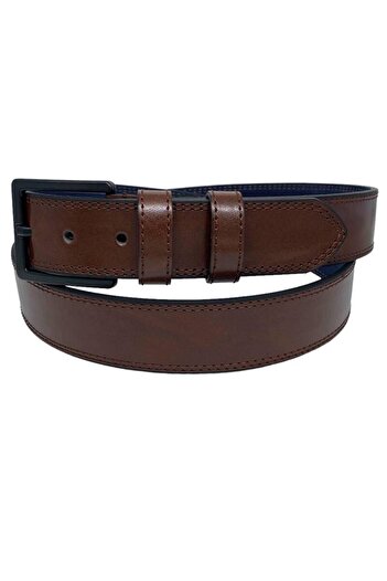 Süzer Deri 4 cm.Battal Brown Faux Leather Stitched Classic Belt
