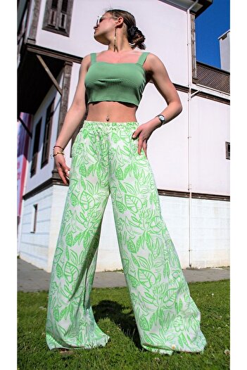 Pasaklı Giyim Women's Linen Green White Patterned Elastic Waist Pocket Wide Leg Oversize Loose Summer Trousers3369220