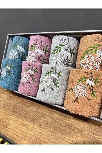 AYHANHOME Embroidery Patterned Boxed Dowry Gift Set of 8 4 Hand Face & 4 Kitchen Towels