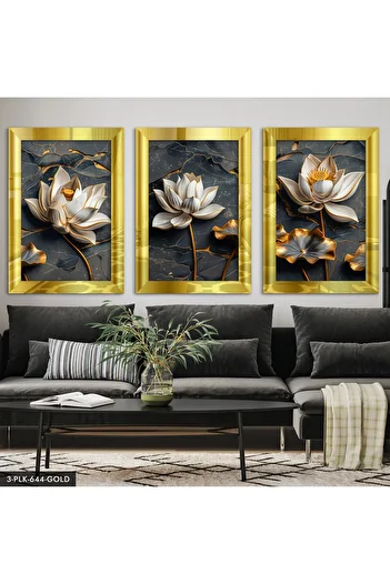 Evinemoda Flower 3D Look Background 3 Piece Gold Plexi Table with Mirror Frame