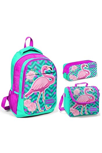 Yaygan Coral High Green Flamingo Girl's Primary School Bag Set - Backpack + Feeding + Pen Holder