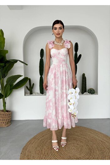Julidress Pembe Göğüs Destekli Fırfır Askılı Astarlı Premium Yazlık Şifon Elbise