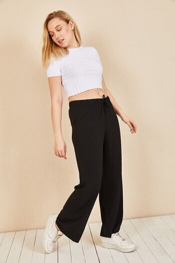 Moda Bu Women's Black Elastic Waist Wide Leg Loose Summer Trousers Aerobin-865829