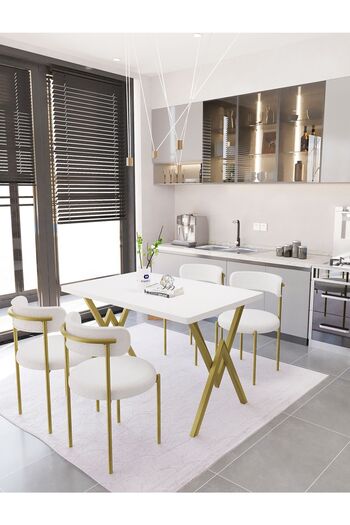 Dekoport Luna Masa Sandalye Takımı 80*120 Masa Gold(ESKİTME) Sandalye Mutfak Masası 4 Sandalye (BUKLE KUMAŞ)