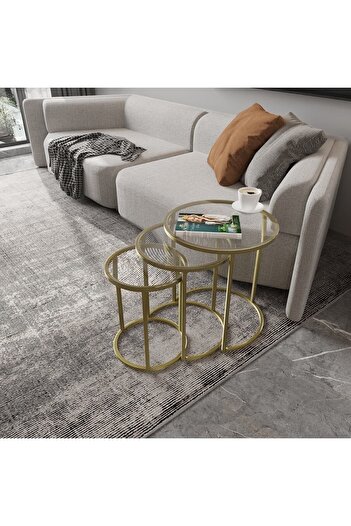 Dekoport Milas Mat Gold (ESKİTME) Zigon Sehpa - Temperli Şeffaf Cam