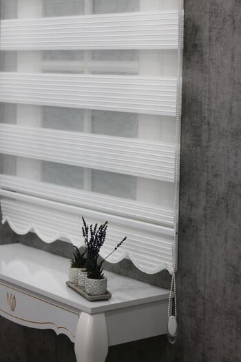 TREND STOR PERDE Ekru Geniş Plise Etek Dilimli Zebra Stor Güneşlik Perde