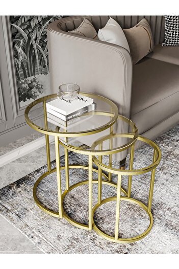 Dekoport Milas Mat Gold (ESKİTME) Zigon Sehpa - Temperli Şeffaf Cam