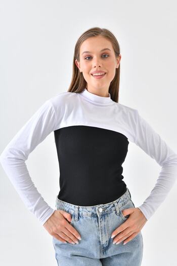 mirach White Stand Collar Neck Collar Sleeve Combed Cotton