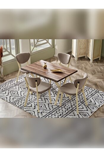 Murat Sandalye İkon Serisi,80x120 Kütük Ceviz Mutfak Masası Takımı Metal Siyak Ayak 4 Cappucino Sandalye
