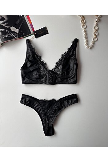 İntive Lingerie Γυναικείο σχέδιο Latex Leather με λεπτομέρεια με δέσιμο στο μπροστινό μέρος Σέξι σουτιέν (με δώρο κάλτσες) - Rylee