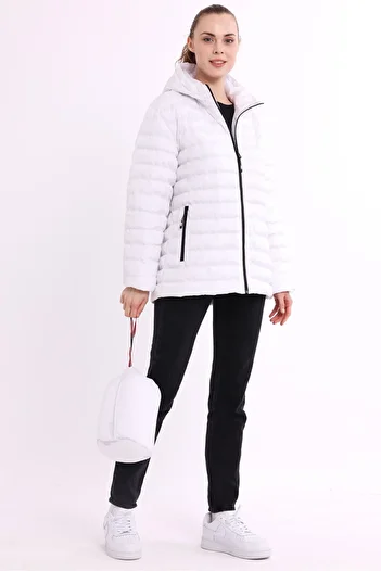 QAWWA White Lightweight Windproof Sports Coat with Portable Bag - Warm Holder Filling
