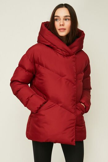 QAWWA Women's Red Fiber Hooded Windproof Puffer Winter Jacket