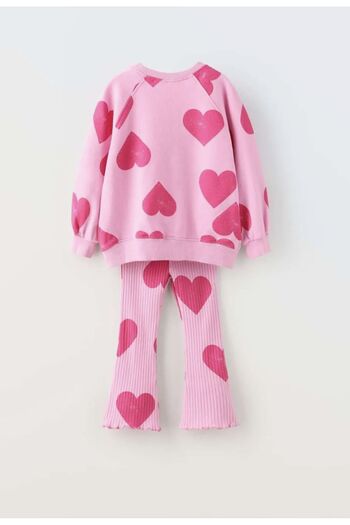 Lolliboomkids Girl's Heart Patterned Cotton Sweatshirt Tights Bottom-Top Set Pink Color