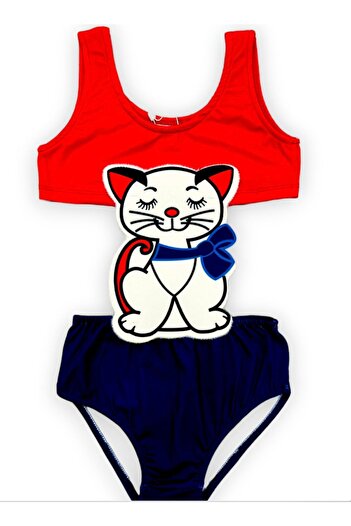 Lolliboomkids Girl's Swimsuit with Cartoon Character Figures New Season Red Navy Blue with Cat Figure