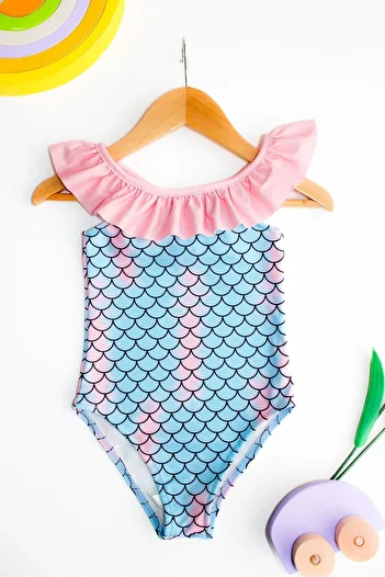 Lolliboomkids New Season Girl's Swimsuit - Pastel Color, Herringbone Pattern, Ruffle Collar Detail