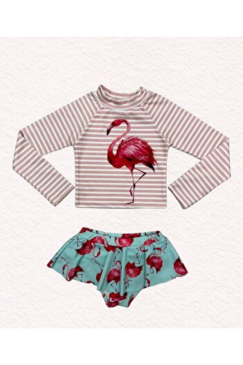 Lolliboomkids Girl's Sun Protection Long Sleeve Crop Top Mini Skirt Bikini Bottom Ruffle Bikini Set Flamingo