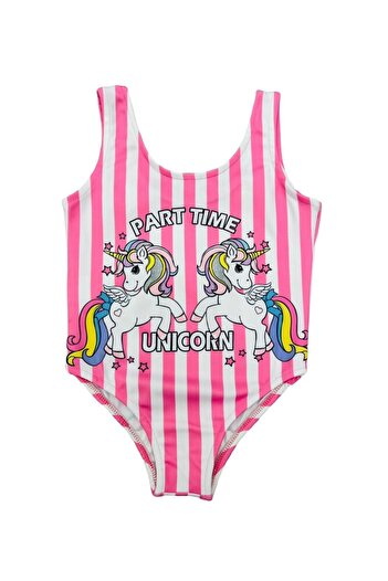 Lolliboomkids Girl's Striped Pink Color Cute Legend Unicorn Pattern Detailed Swimsuit New Season