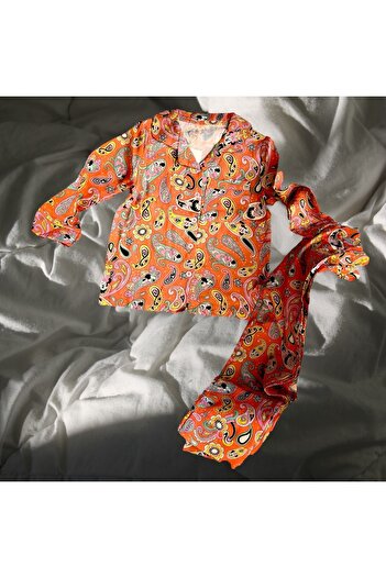 Lolliboomkids Set pijama cu nasturi pentru fetiță, guler de cămașă, model șal, culori portocalii, îmbrăcăminte acasă - muselină bumbac