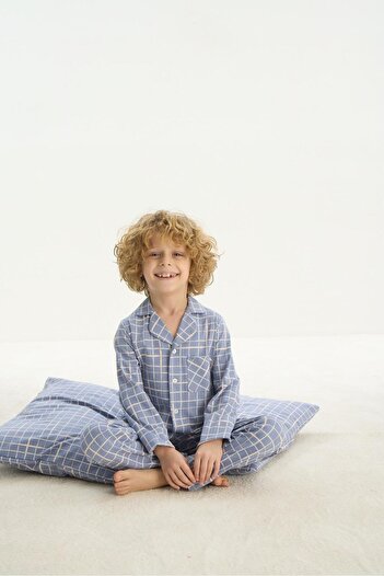 Sevim Boy's Blue Pajama Set - Long Sleeve, Front Button C8T4N7O8