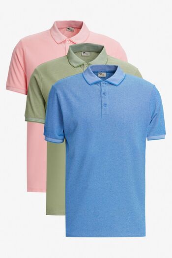 AC&Co / Altınyıldız Classics Men's Set of 3 Green-Pink-Sax Polo Collar Slim Fit Cotton T-Shirt