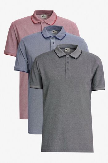 AC&Co / Altınyıldız Classics Men's Slim Fit Basic T-Shirt - 3-Piece Set, Claret Red-Light Black-Light Navy Blue, Non-Shrink Cotton Polo Collar