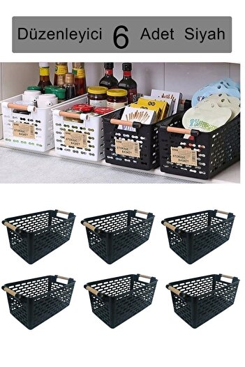 KRM HOME 6 Black Organizer Baskets with Handles - Inner Cabinet and Refrigerator Organizer