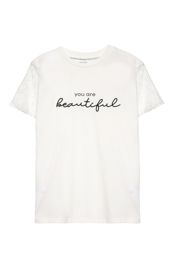 Quzu Ecru T-Shirt - Sleeve Lace Detailed and Text Printed