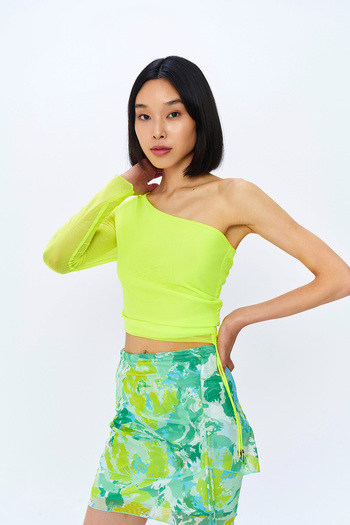 Quzu Neon Yellow Single Shoulder Tulle Blouse - Side Gather Detail