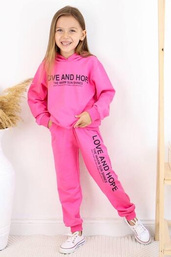 Riccotarz Love and Hope Printed Pink Combed Cotton Sweatshirt and Sweatpants Set for Girls